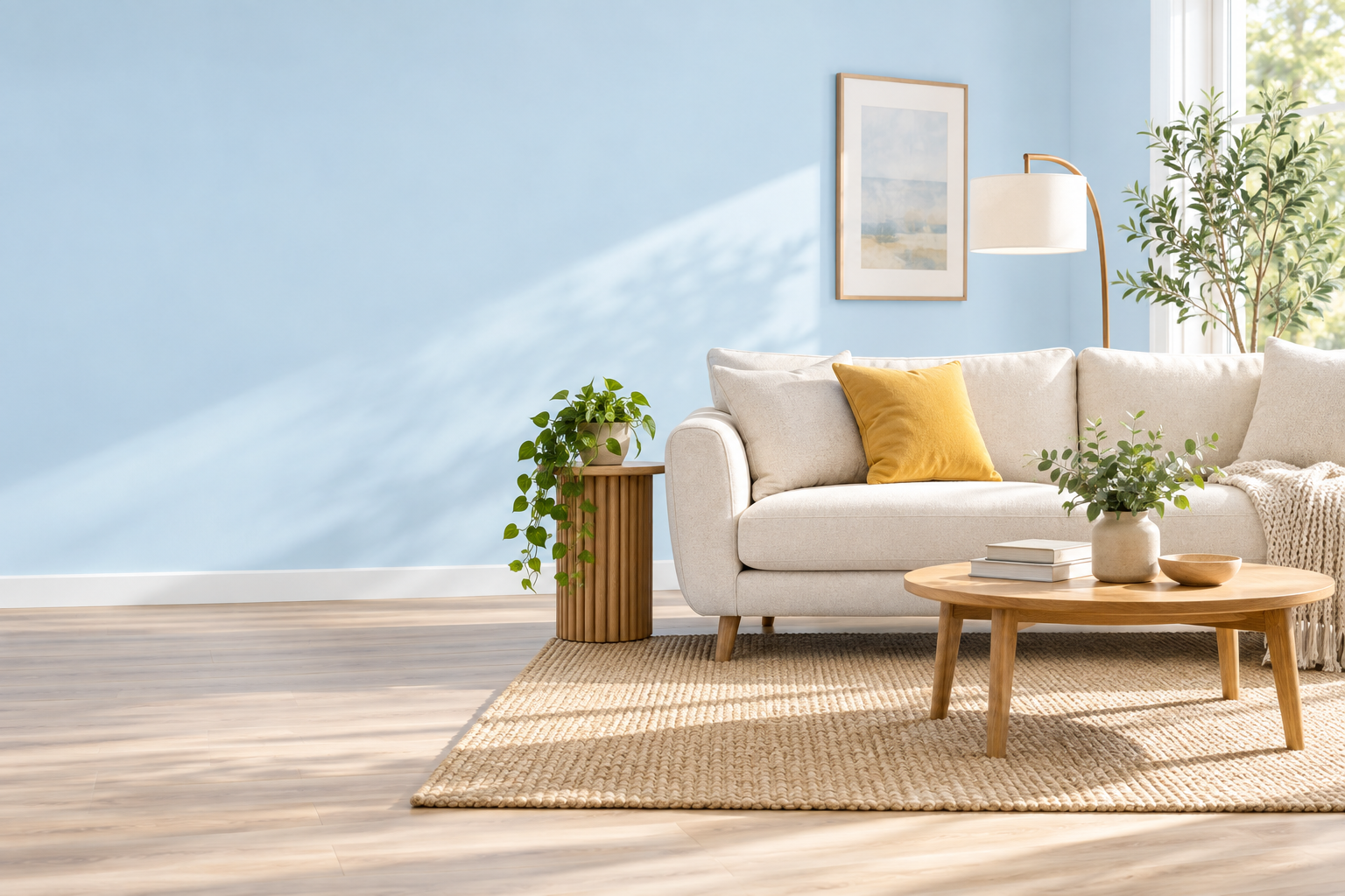 A cream sofa with yellow cushions in a light-filled living room